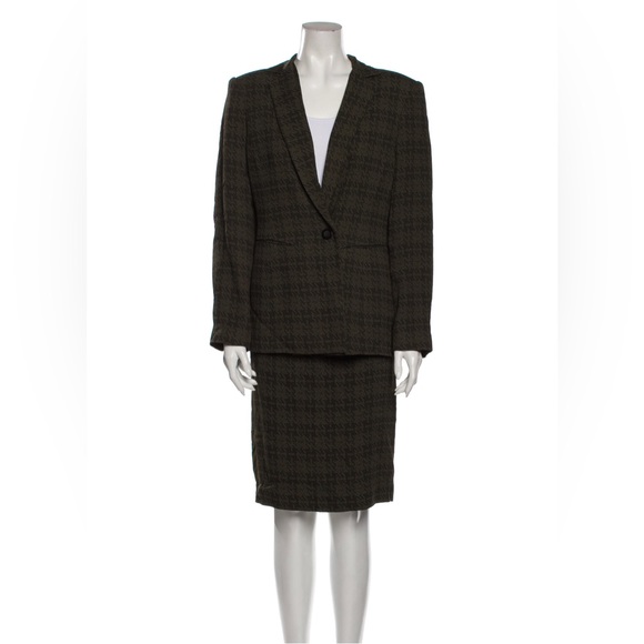 Oscar de la Renta houndstooth plaid olive green blazer skirt suit set - Picture 1 of 13